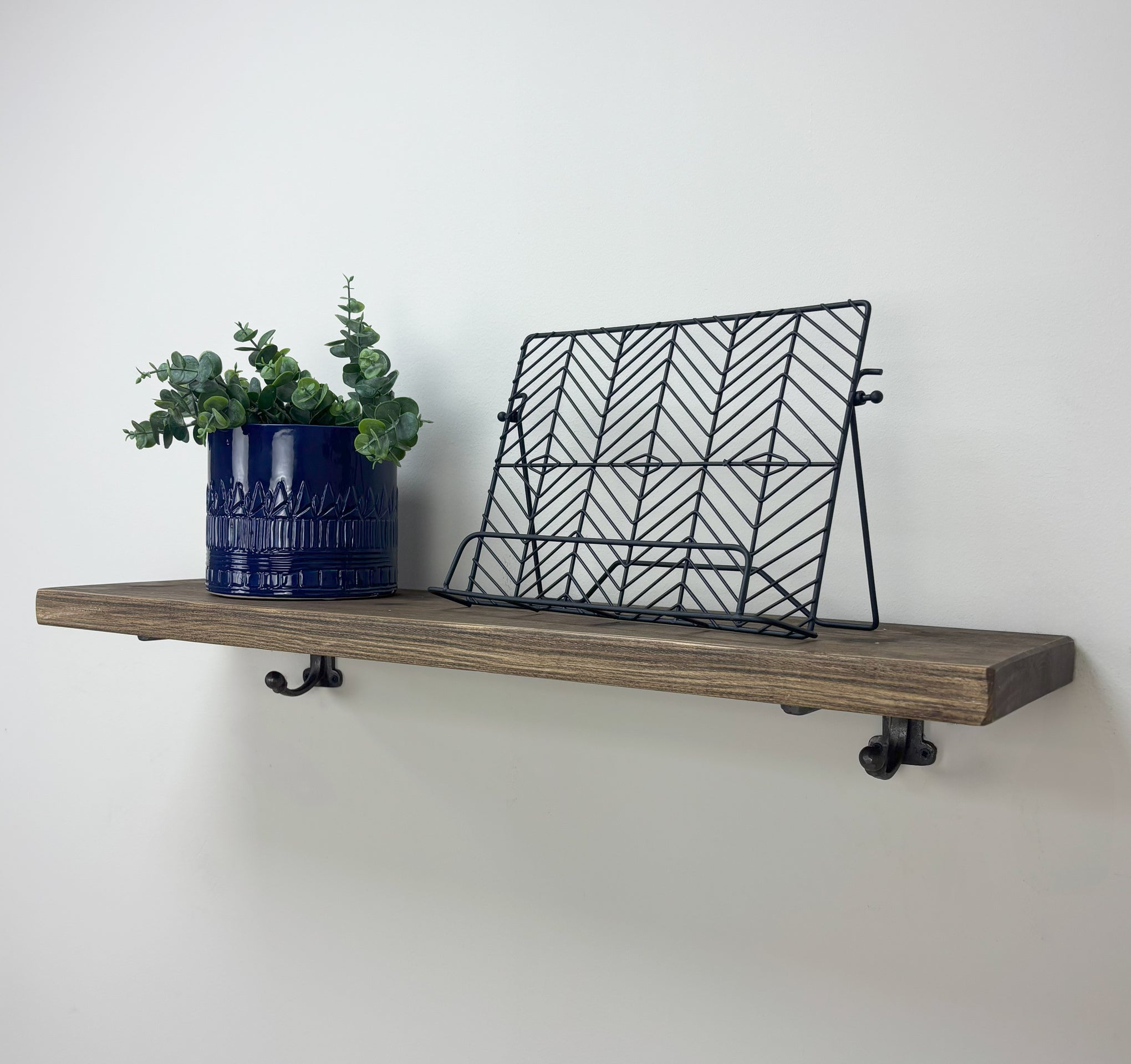 Hutton Rustic Wooden Shelf with Brackets - 22cm x 3.5cm - Smoke Pine