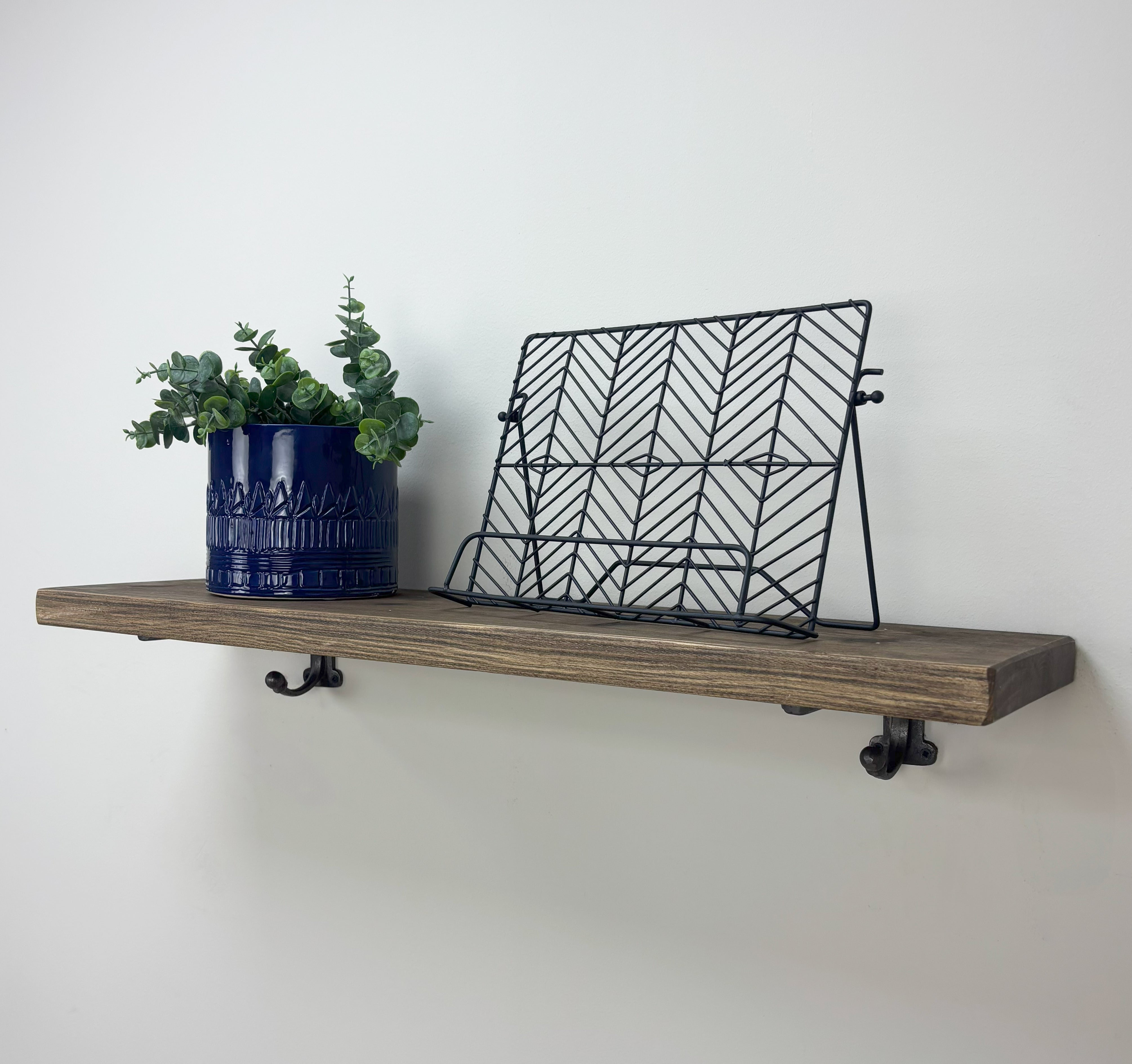 Hutton Rustic Wooden Shelf with Brackets - 22cm x 3.5cm - Smoke Pine