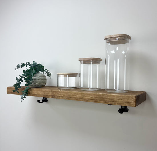 Hutton Rustic Wooden Shelf with Brackets - 22cm x 4.5cm - Medium Oak