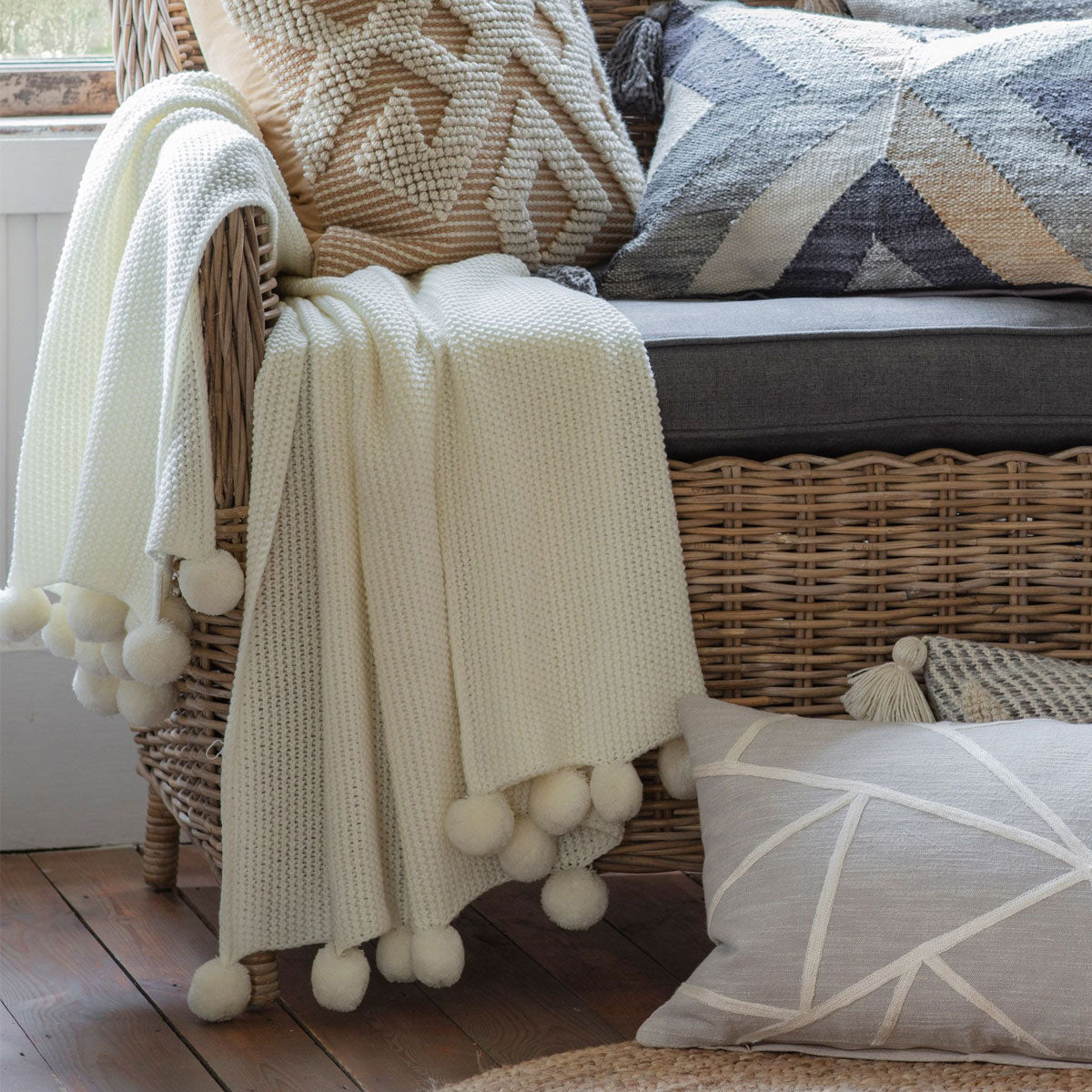 Moss Stitched Cream Pom Pom Throw - Soft Furnishings