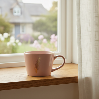 Pink Ceramic Mug With Gold Feather