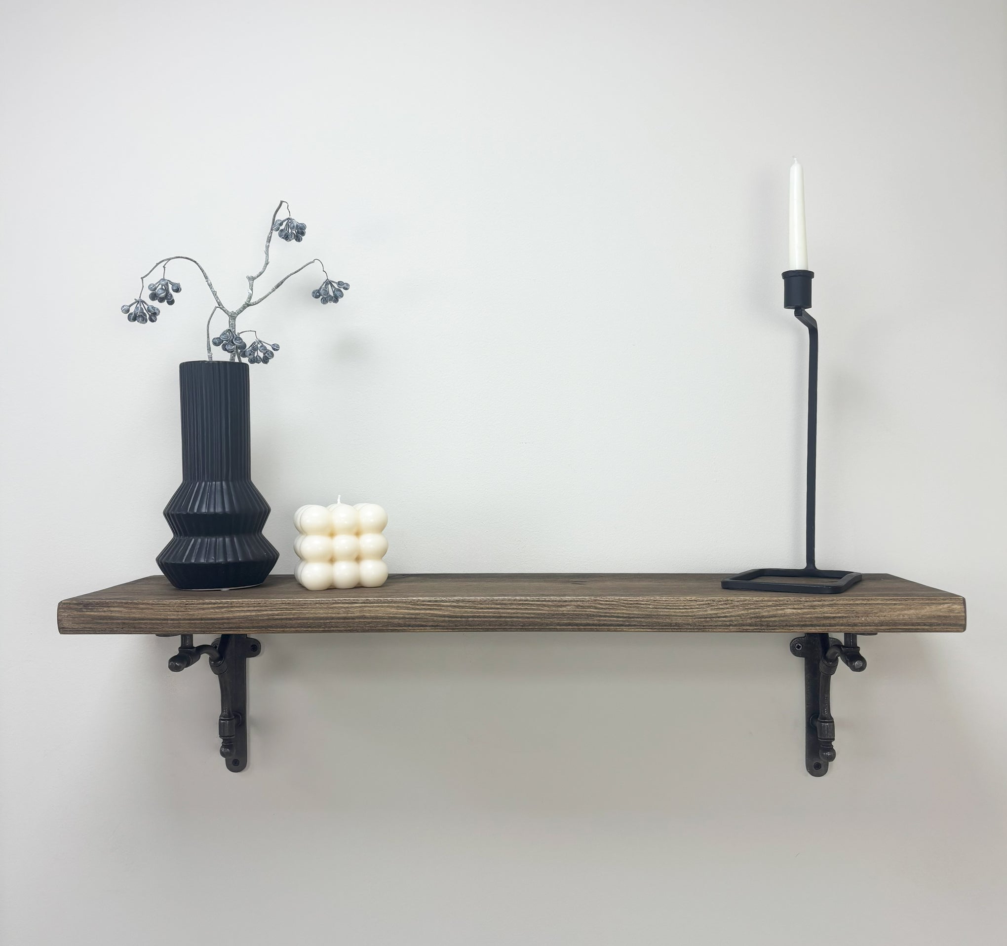 Tanfield Rustic Wooden Shelf with Brackets - 22cm x 3.5cm - Smoke Pine