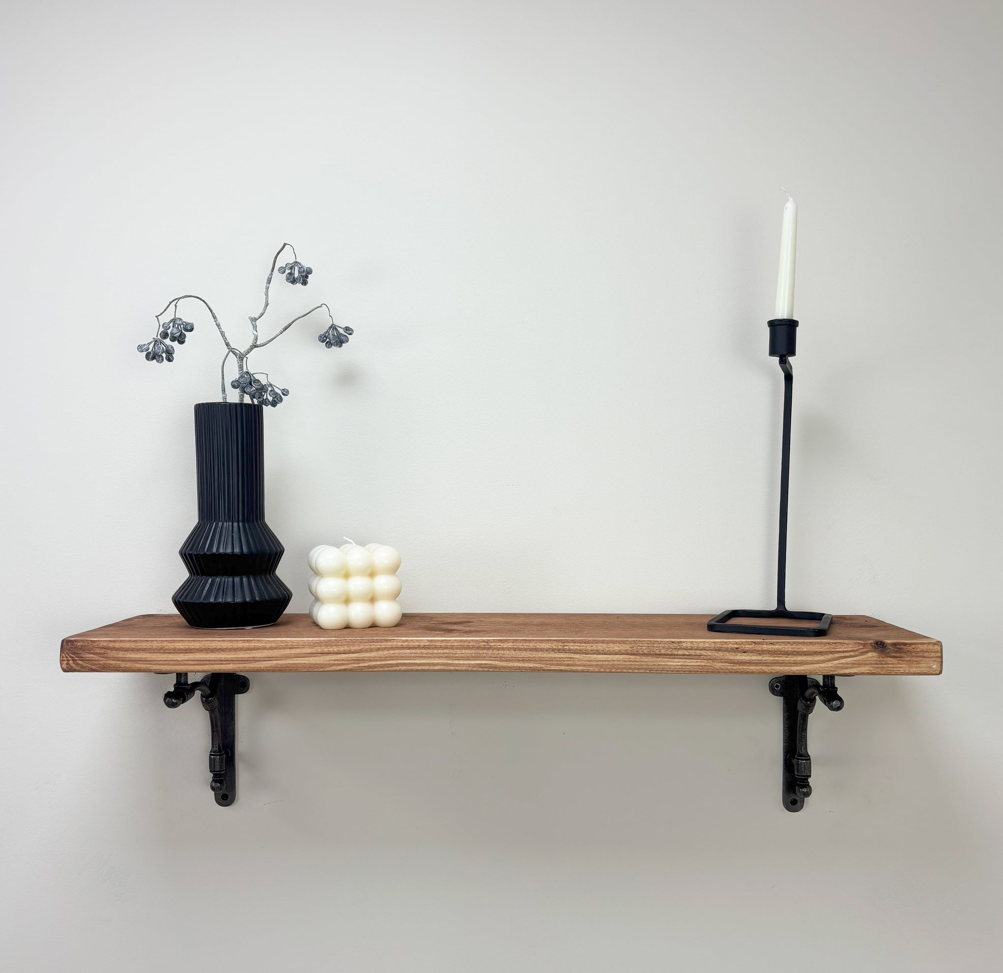 Tanfield Rustic Wooden Shelf with Brackets - 22cm x 3.5cm - Teak