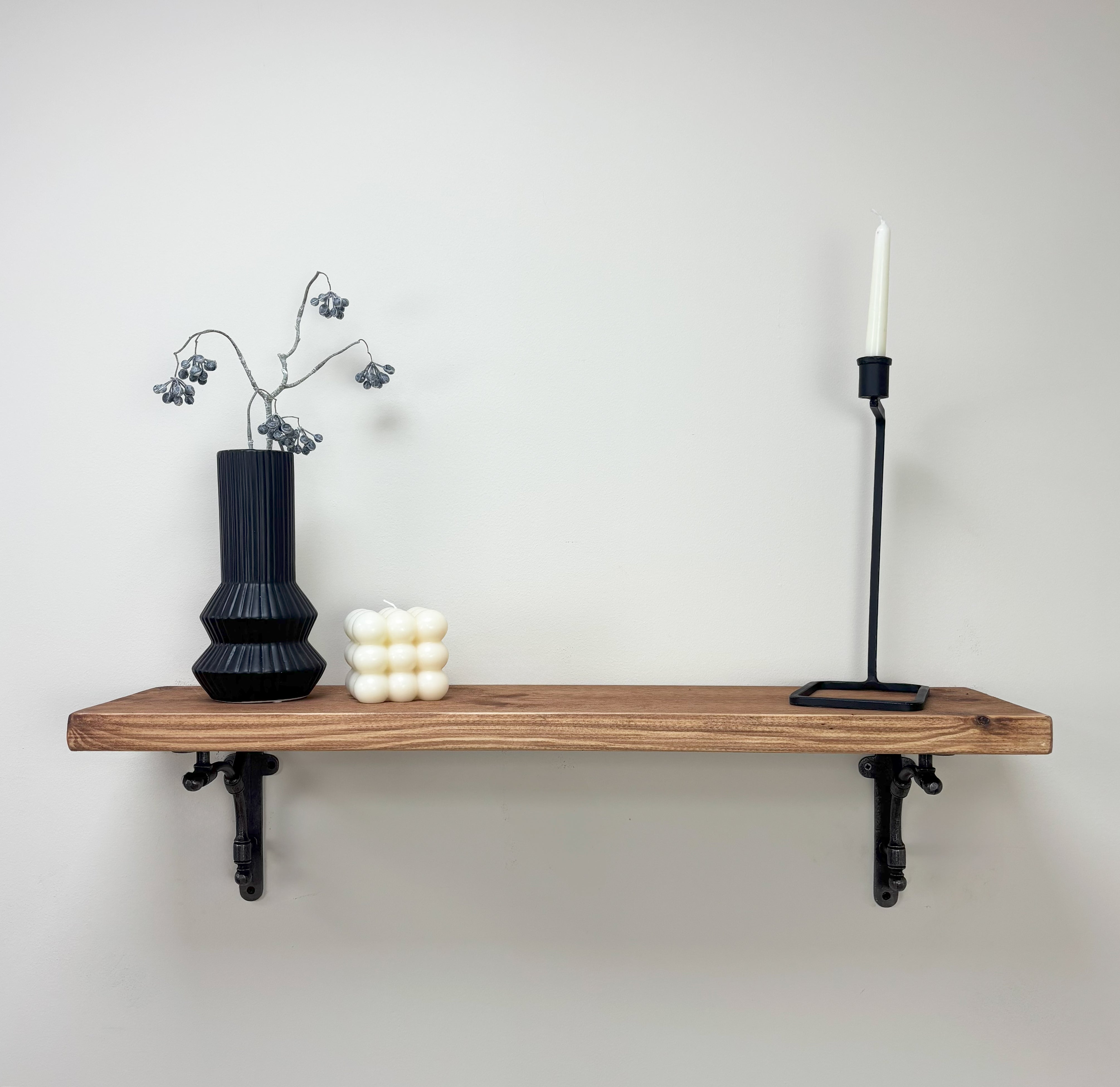 Tanfield Rustic Wooden Shelf with Brackets - 22cm x 3.5cm - Teak