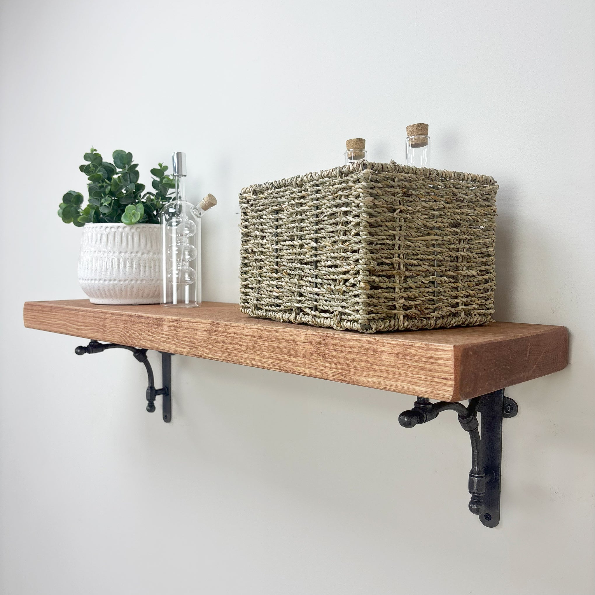 Tanfield Rustic Wooden Shelf with Brackets - 22cm x 4.5cm - Teak