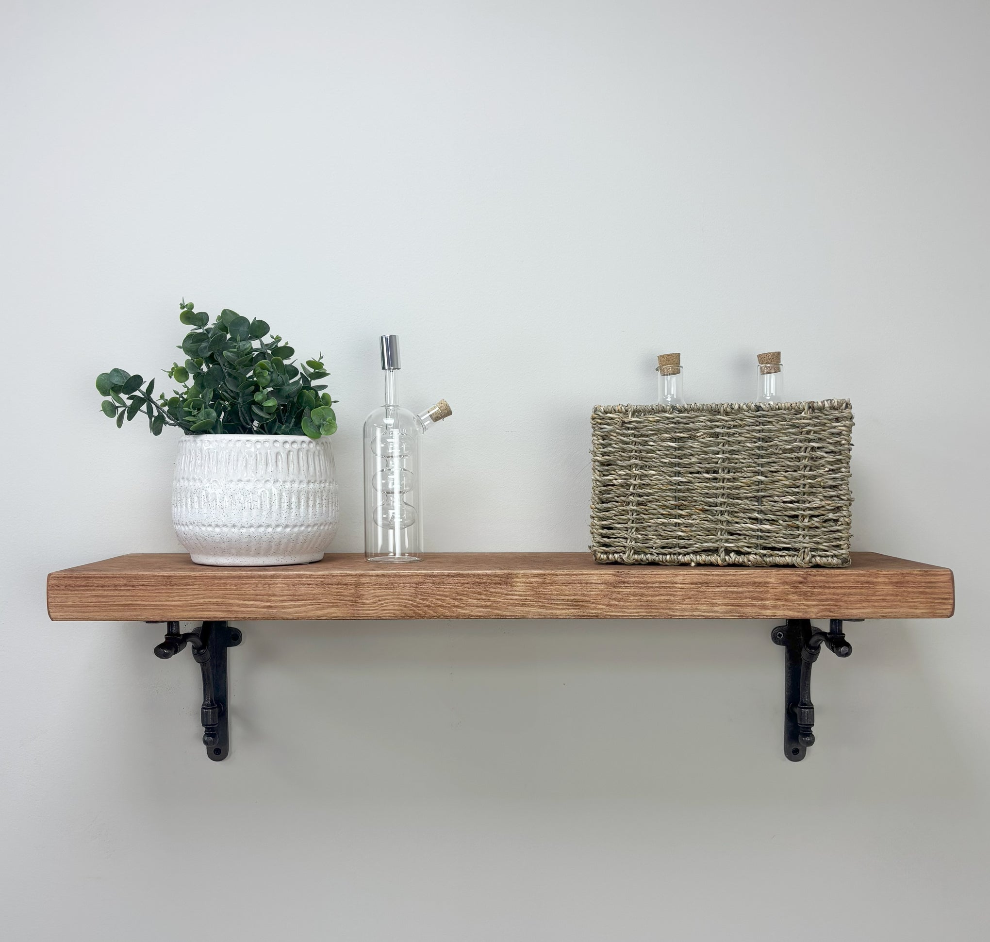 Tanfield Rustic Wooden Shelf with Brackets - 22cm x 4.5cm - Teak