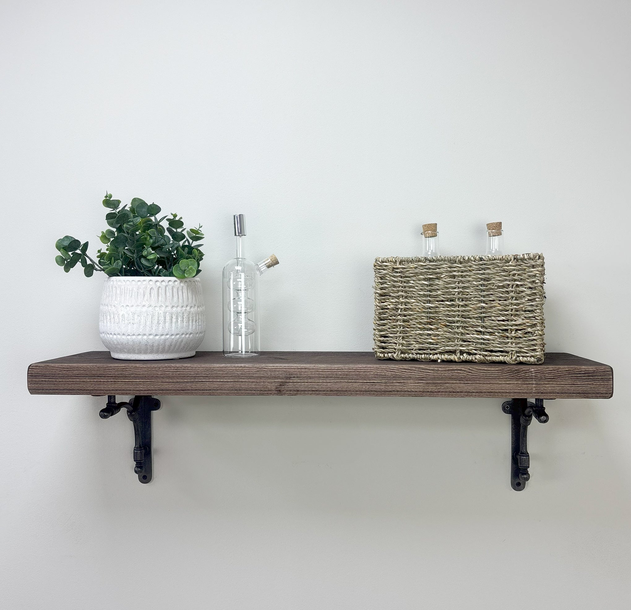 Tanfield Rustic Wooden Shelf with Brackets - 22cm x 4.5cm - Walnut