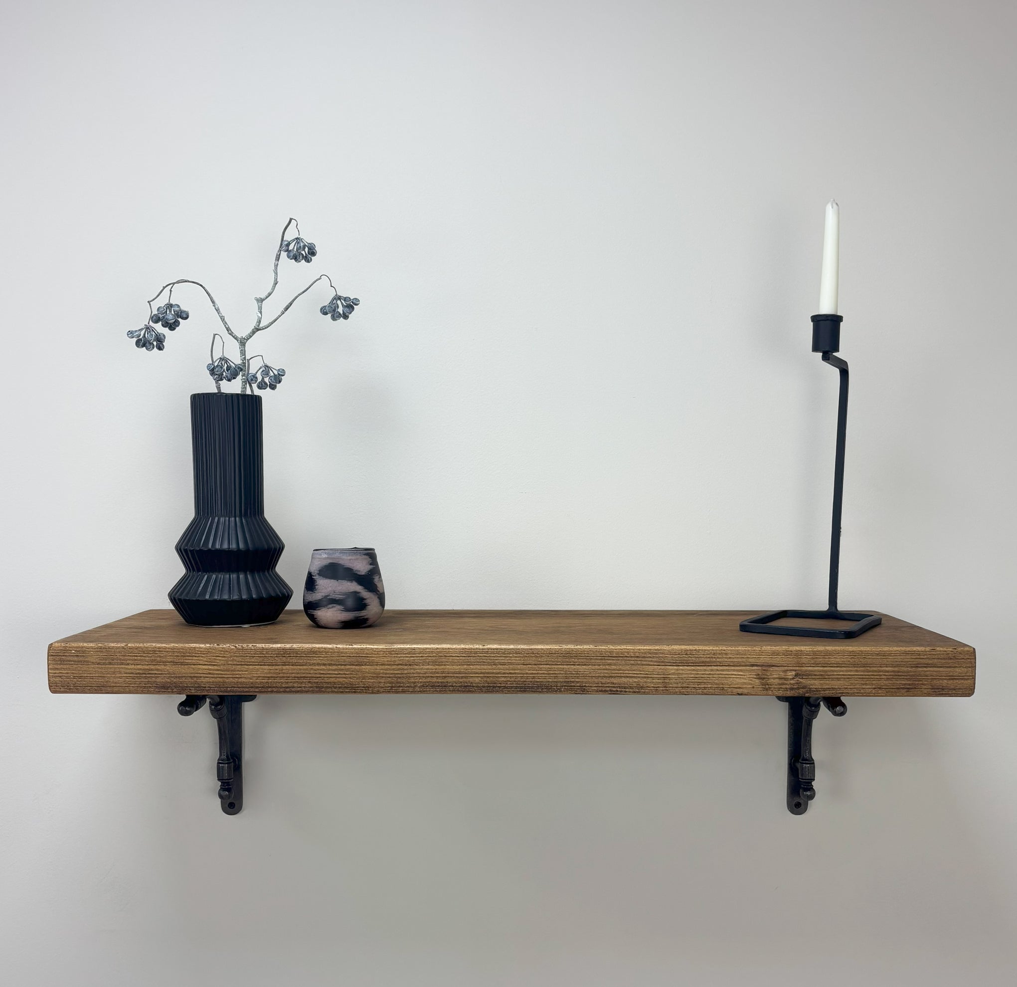 Tanfield Rustic Wooden Shelf with Brackets - 29cm x 4.5cm - Medium Oak