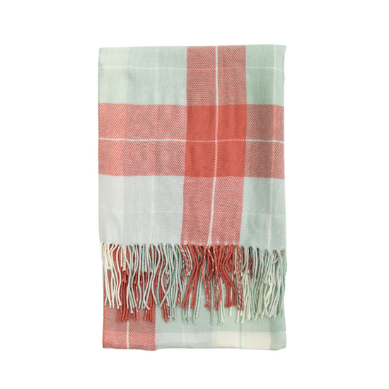 Coral Pink Checked Throw - 165cm - 